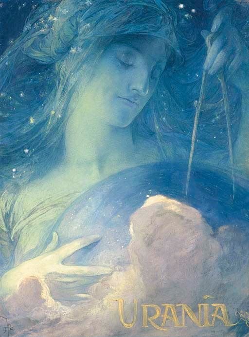 Urania, figura femenina entre estrellas que sostiene una esfera celeste